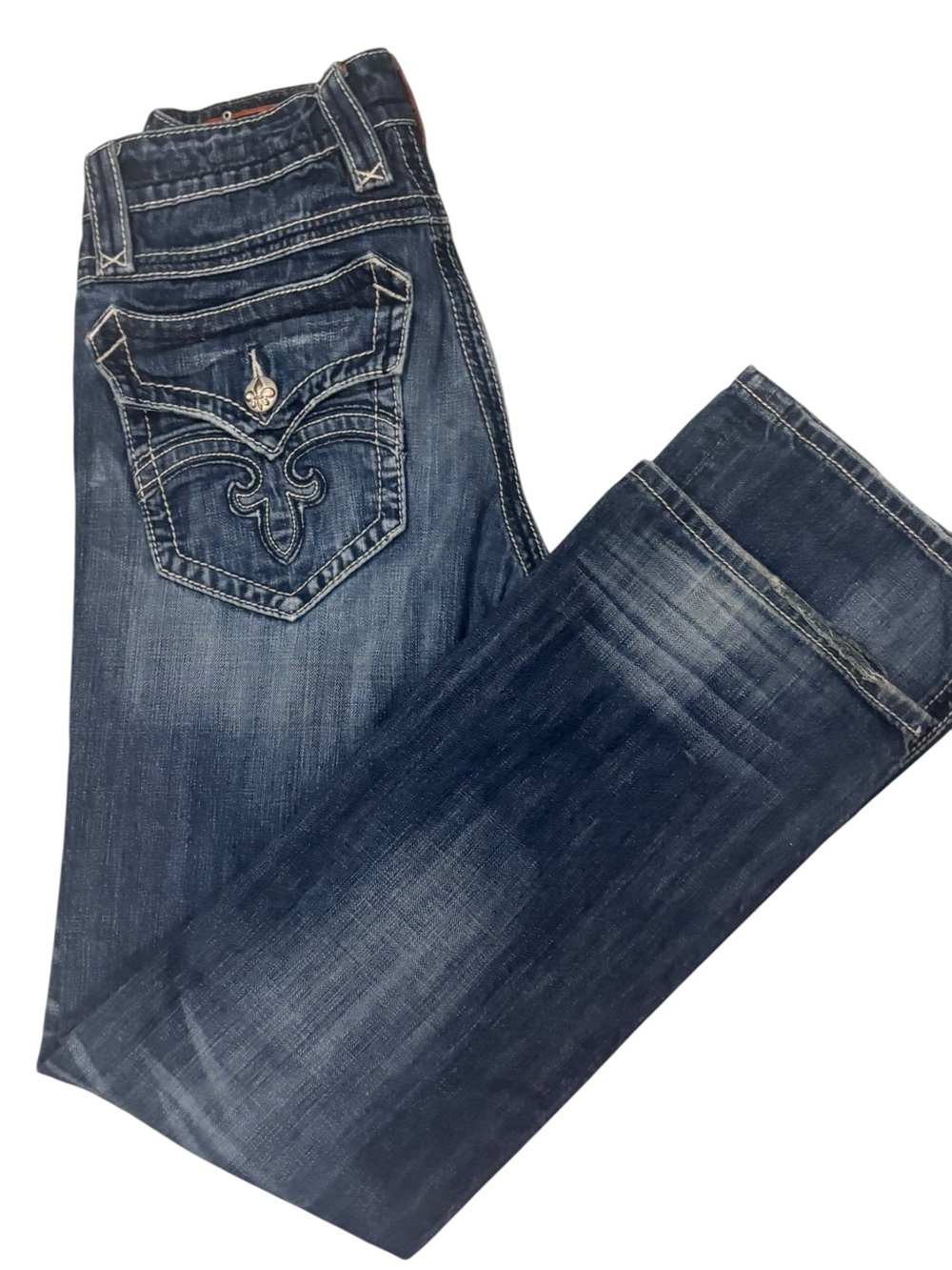 Rock Revival Mick Boot Jeans Men’s 31 Distressed Dark Wash Embroidered Pocket